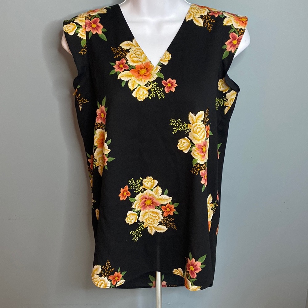 Loft sheer cap sleeve flower black blouse top petite XSP